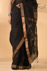 Black with zari border silk linen handwoven needle work Jamdani saree bottom