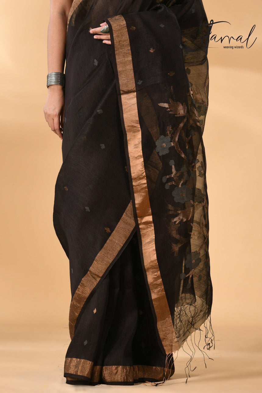 Black with zari border silk linen handwoven needle work Jamdani saree bottom