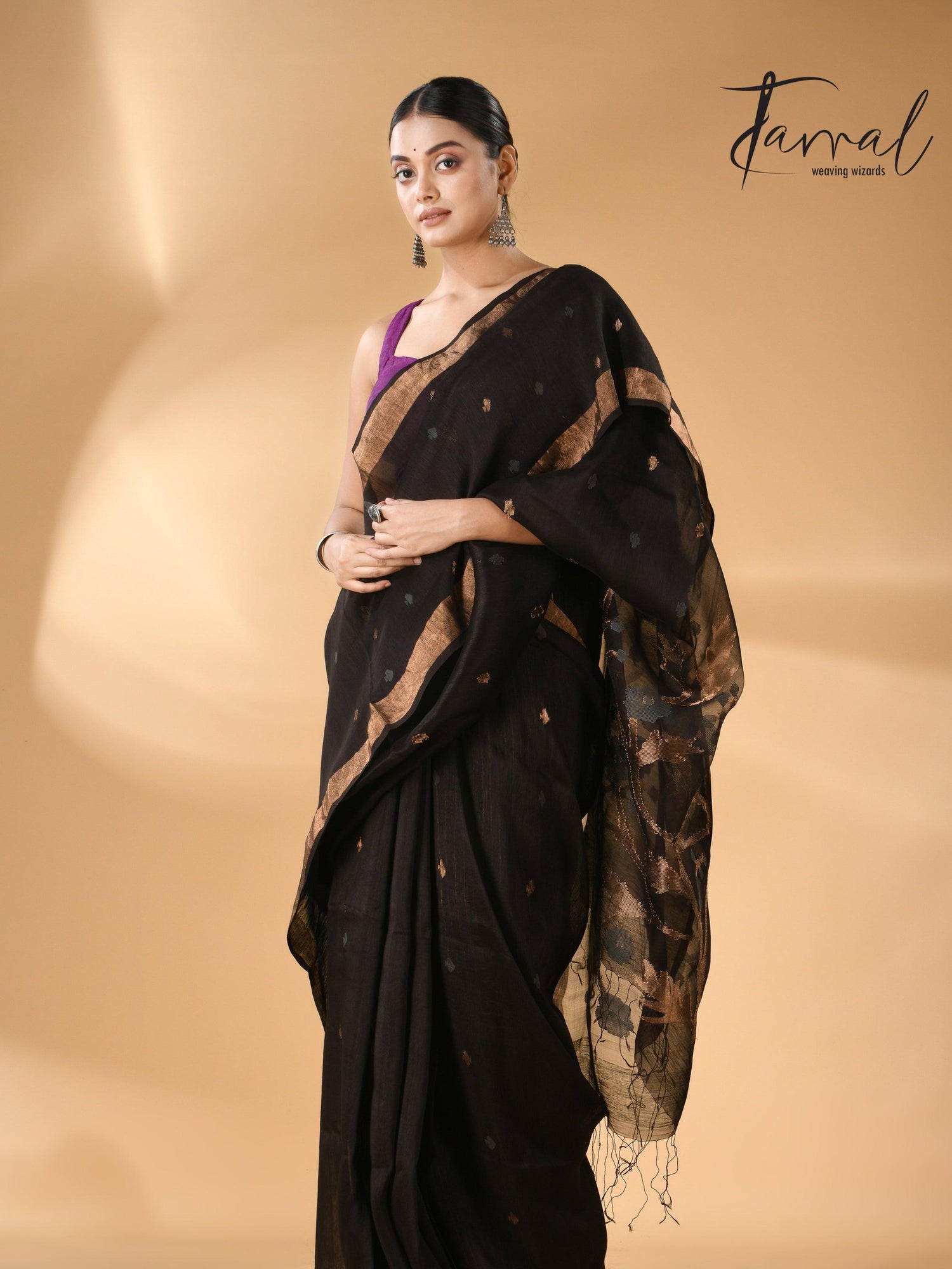 Black with zari border silk linen handwoven needle work Jamdani saree full