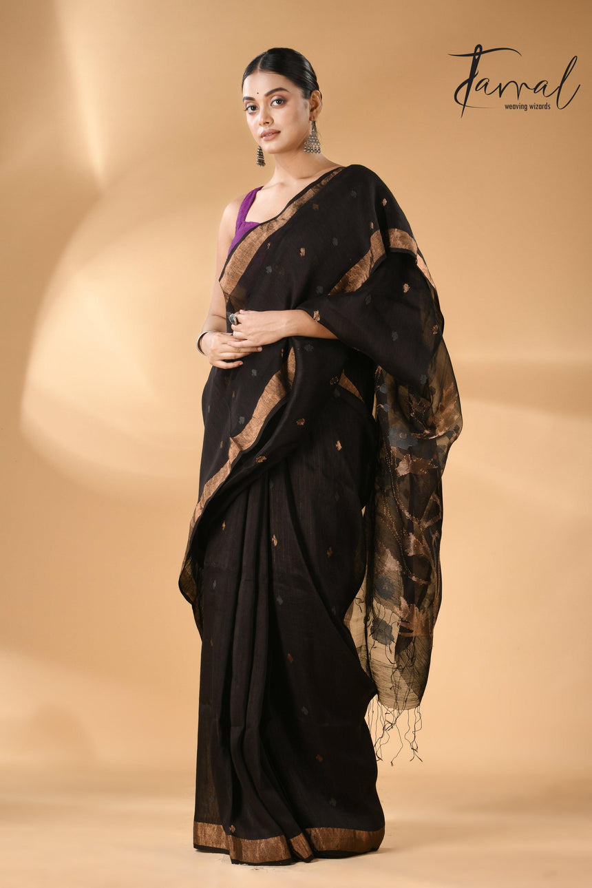 Black with zari border silk linen handwoven needle work Jamdani saree full