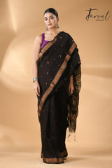 Black with zari border silk linen handwoven needle work Jamdani saree full3