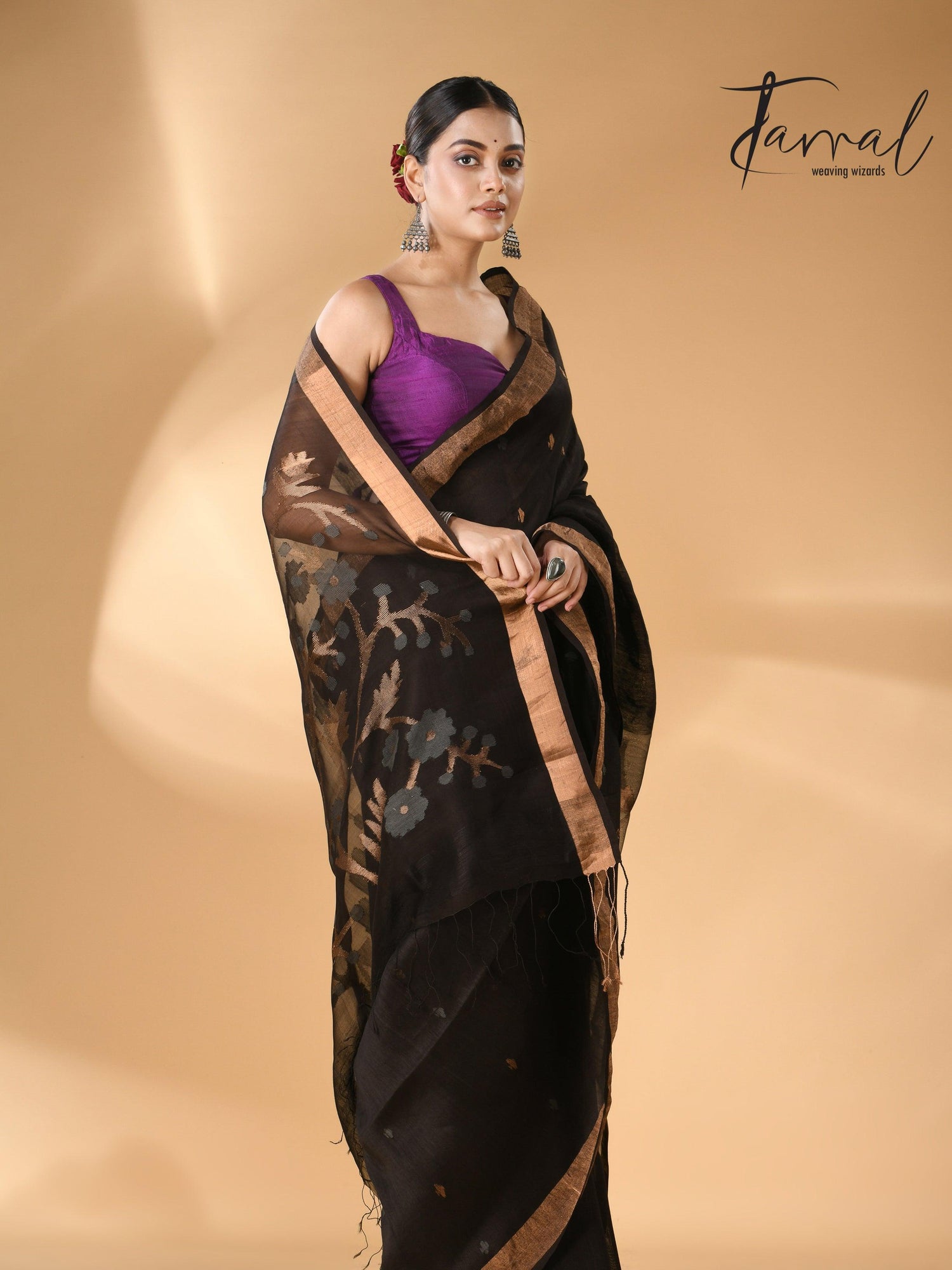 Black with zari border silk linen handwoven needle work Jamdani saree left