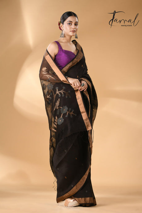 Black with zari border silk linen handwoven needle work Jamdani saree left