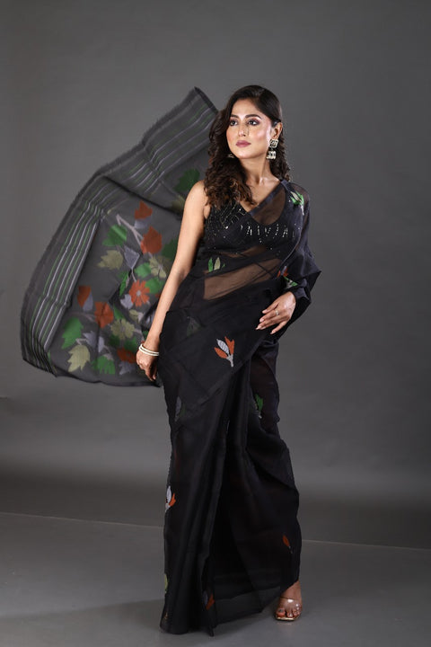 Black with multicolour floral muslin silk handwoven jamdani saree
