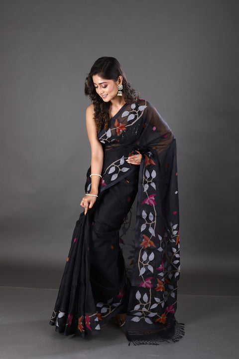 Black with orange & pink floral motifs handwoven muslin silk jamdani saree