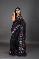 Black with orange & pink floral motifs handwoven muslin silk jamdani saree - Tamal Boutique