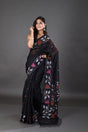 Black with orange & pink floral motifs handwoven muslin silk jamdani saree - Tamal Boutique