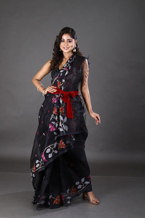 Black with orange & pink floral motifs handwoven muslin silk jamdani saree - Tamal Boutique