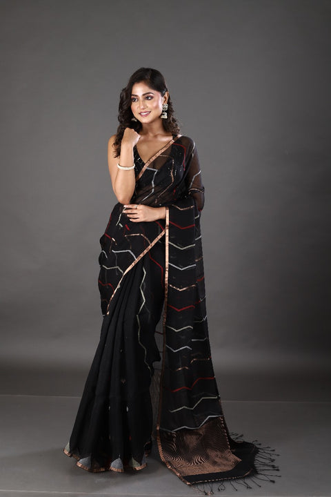 Black with golden zari border silk linen half & half handwoven jamdani saree