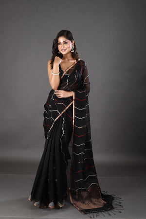 Black with golden zari border silk linen half & half handwoven jamdani saree - Tamal Boutique
