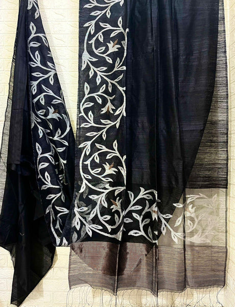 Black diamond matka silk handwoven jamdani saree - Tamal Boutique