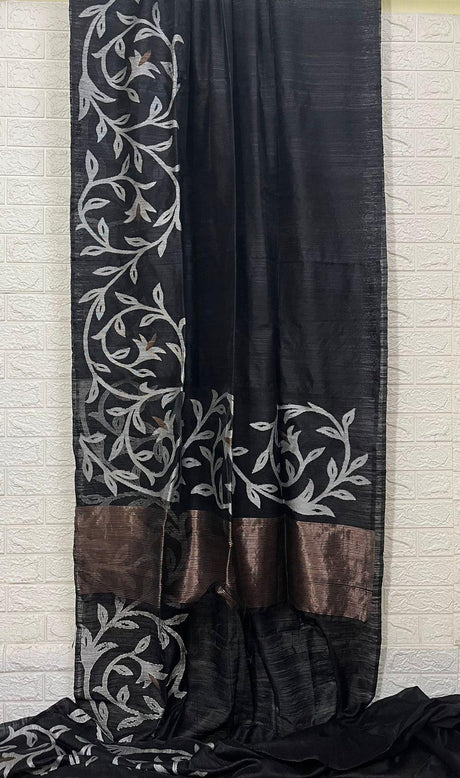 Black diamond matka silk handwoven jamdani saree - Tamal Boutique