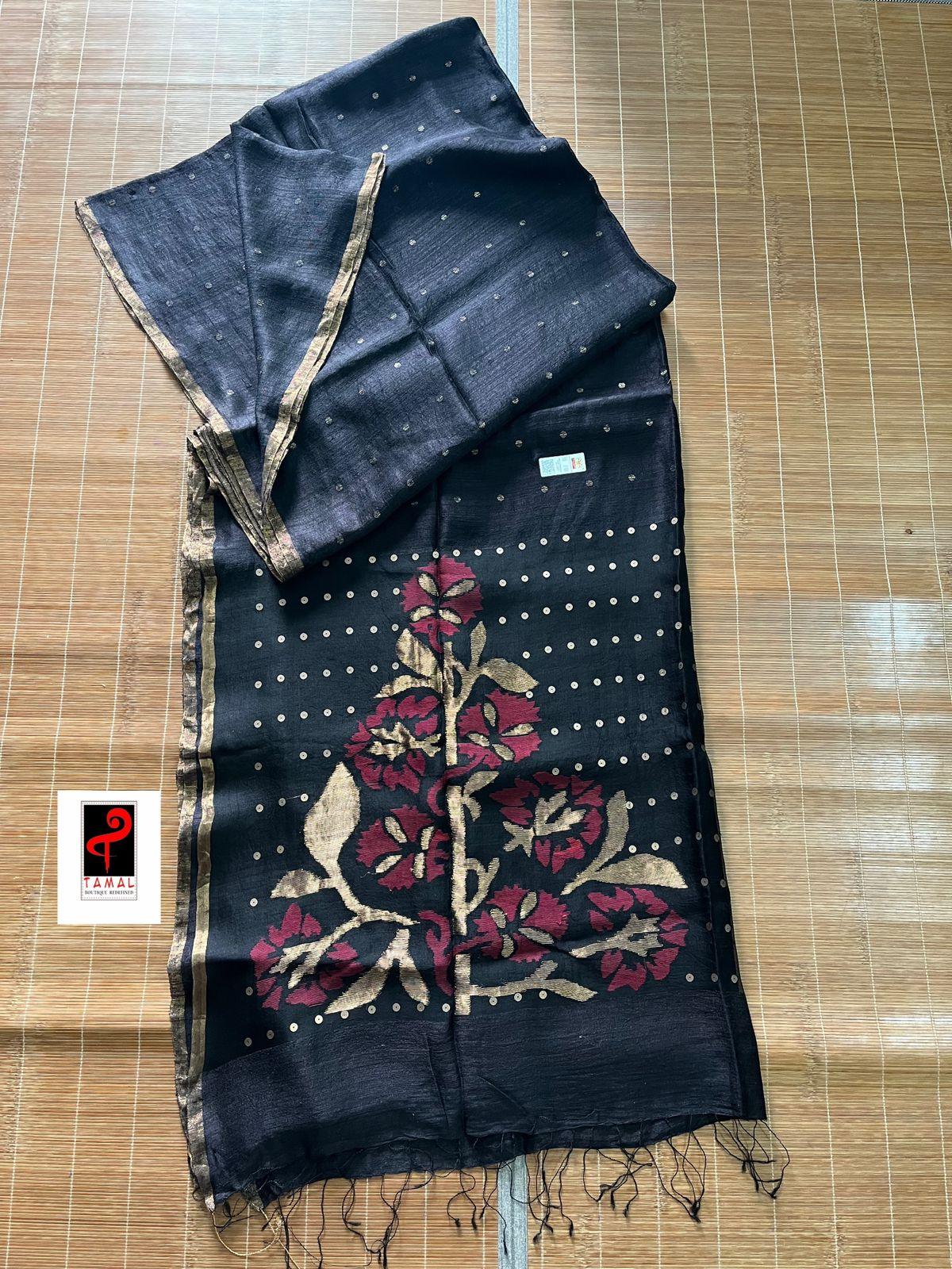Black with golden zari border matka silk sequins handwoven jamdani saree - Tamal Boutique