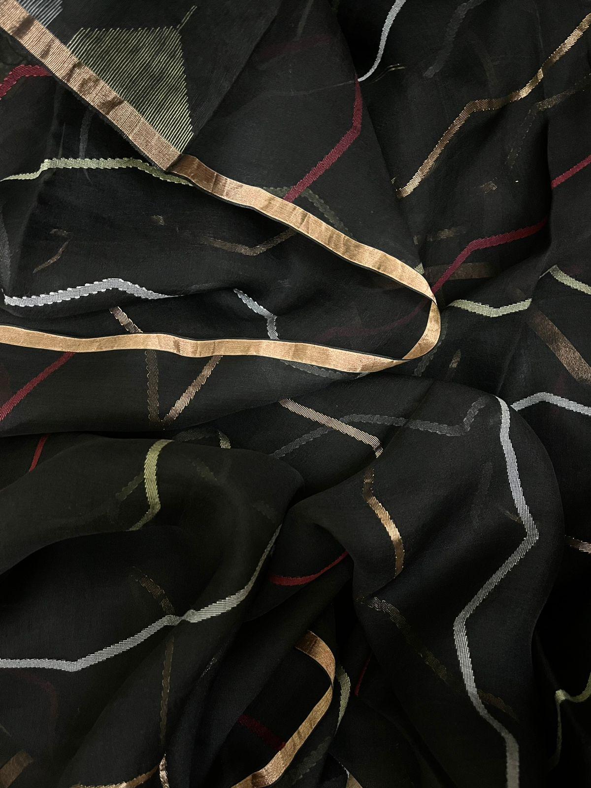 Black with golden zari border silk linen half & half handwoven jamdani saree - Tamal Boutique