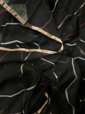 Black with golden zari border silk linen half & half handwoven jamdani saree - Tamal Boutique