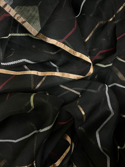 Black with golden zari border silk linen half & half handwoven jamdani saree