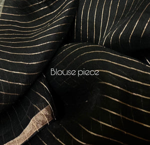 Black with golden zari border silk linen half & half handwoven jamdani saree - Tamal Boutique