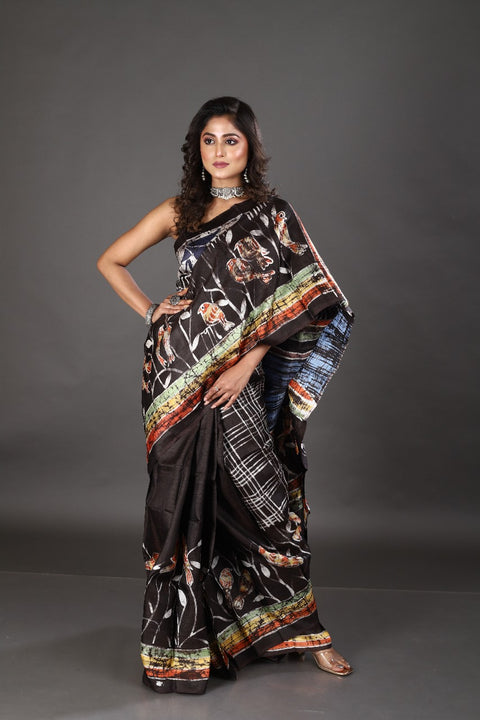 Black with multi colour bird design hand batik in katan silk saree