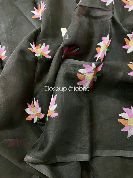 Black with multi colour lotus motifs handwoven jamadani silk saree - Tamal Boutique
