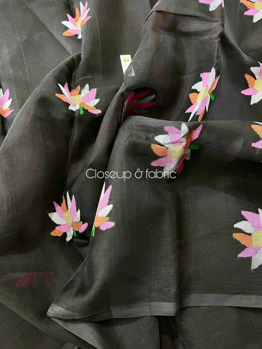 Black with multi colour lotus motifs handwoven jamadani silk saree - Tamal Boutique