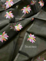 Black with multi colour lotus motifs handwoven jamadani silk saree - Tamal Boutique