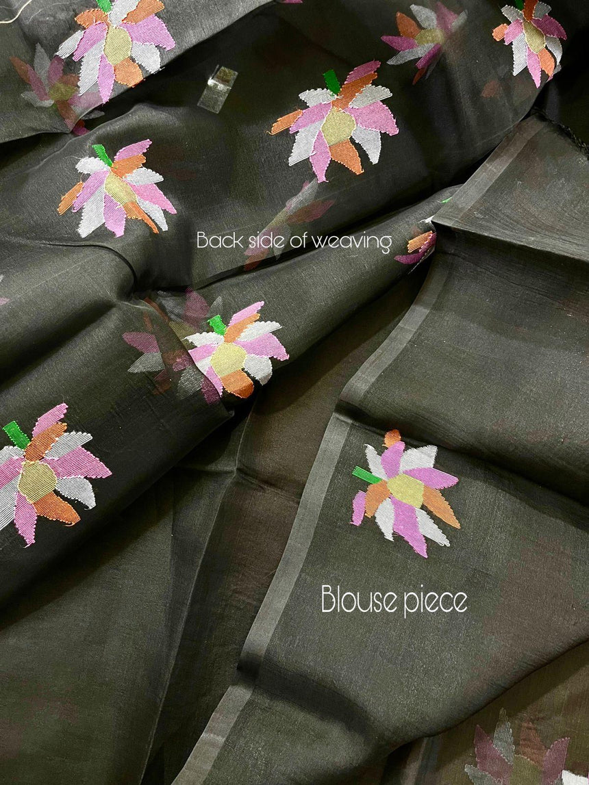 Black with multi colour lotus motifs handwoven jamadani silk saree - Tamal Boutique