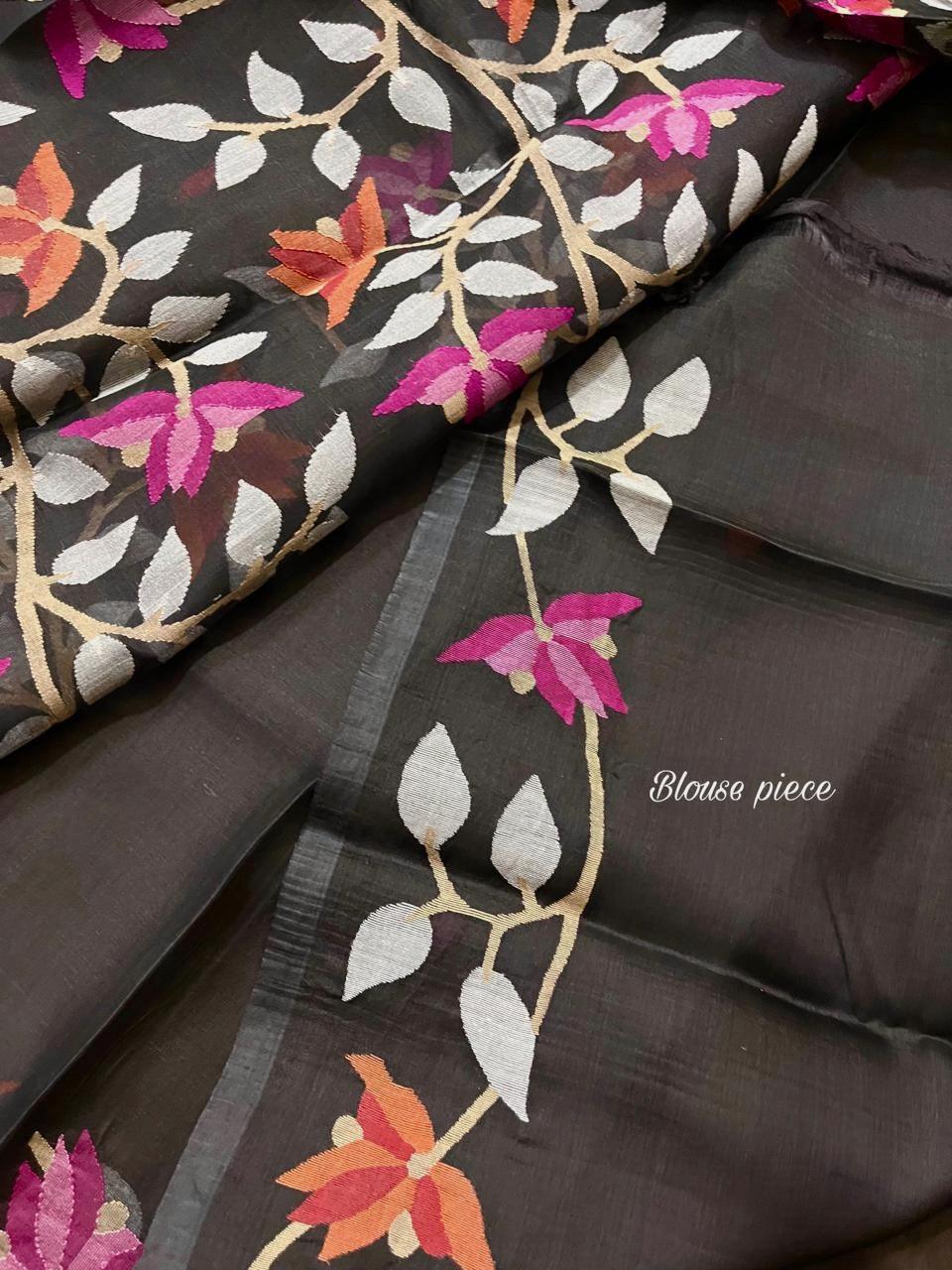 Black with orange & pink floral motifs handwoven muslin silk jamdani saree - Tamal Boutique