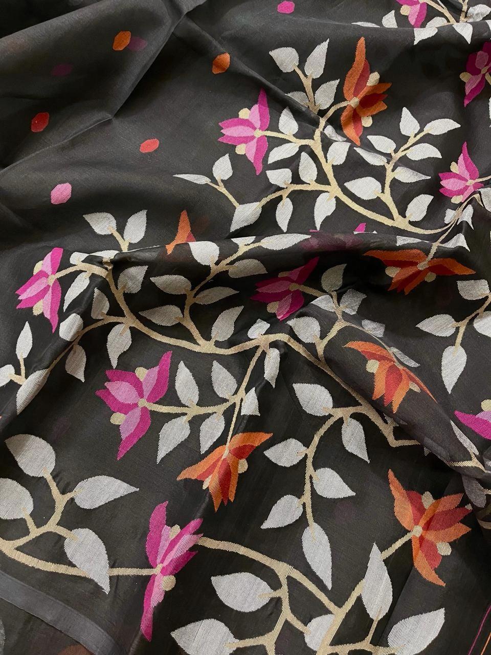 Black with orange & pink floral motifs handwoven muslin silk jamdani saree - Tamal Boutique