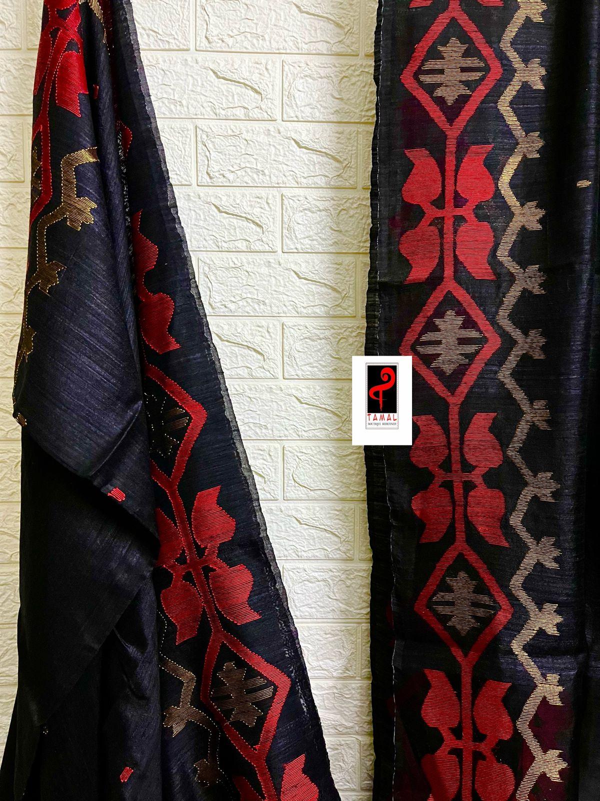 BLACK WITH RED & GOLDEN ZARI MATKA SILK TRADITIONAL HANDWOVEN JAMDANI SAREE - Tamal Boutique