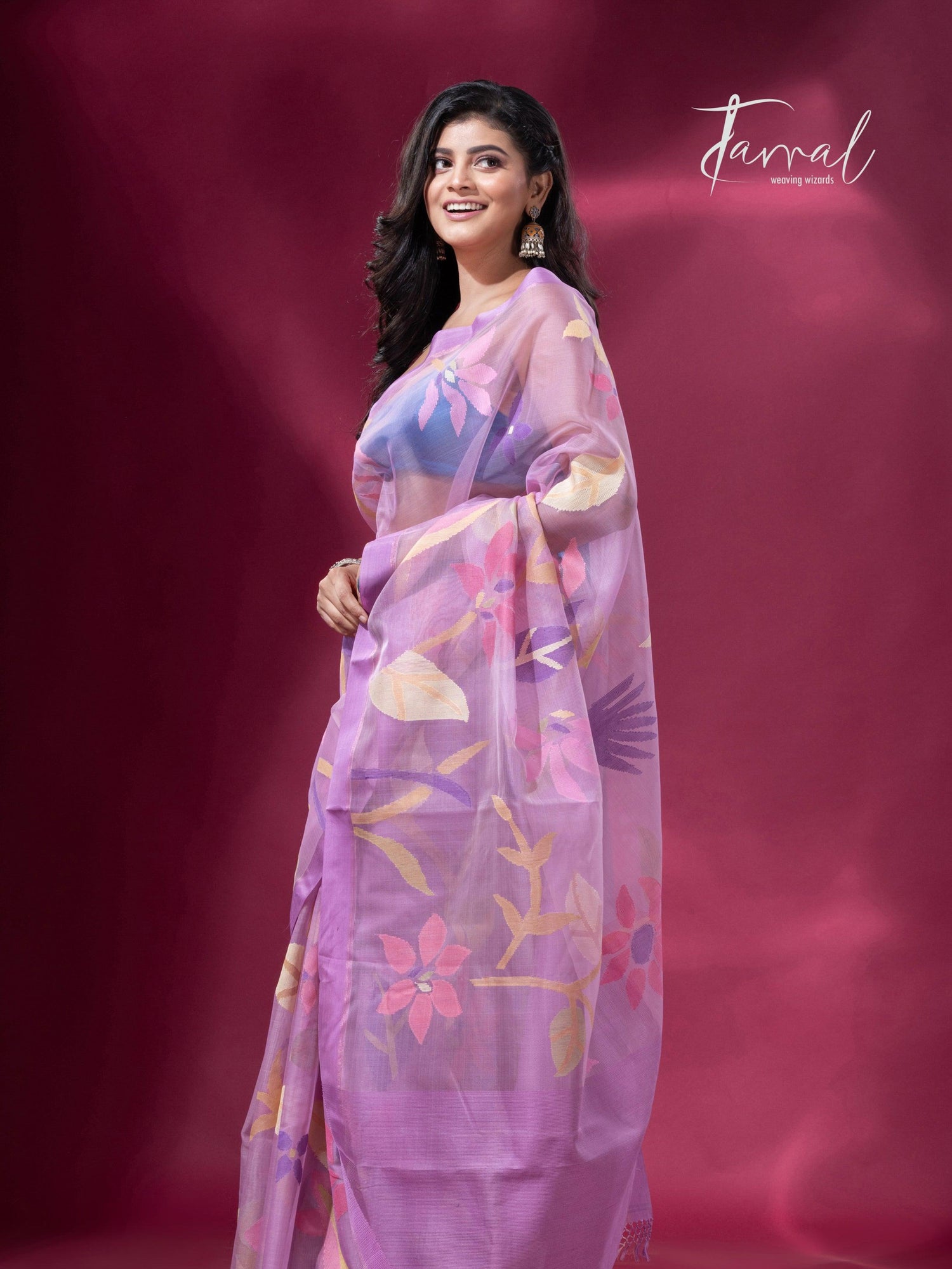Bloom Handwoven Jamdani Saree Floral Design full2