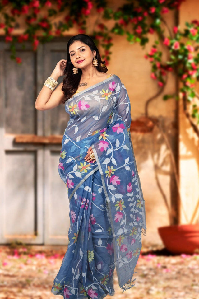 Blue With Multicolour Allover Floral Handwoven Jamdani Saree In Muslin Silk - Tamal Boutique