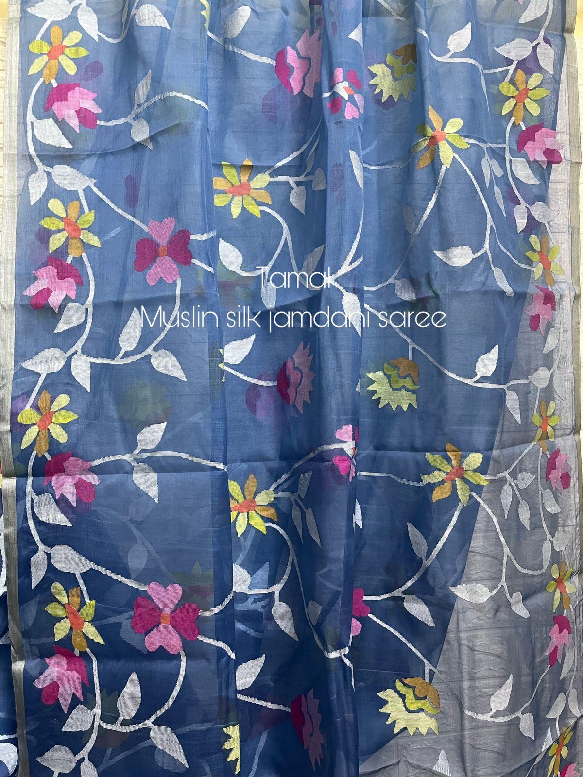 Blue With Multicolour Allover Floral Handwoven Jamdani Saree In Muslin Silk - Tamal Boutique