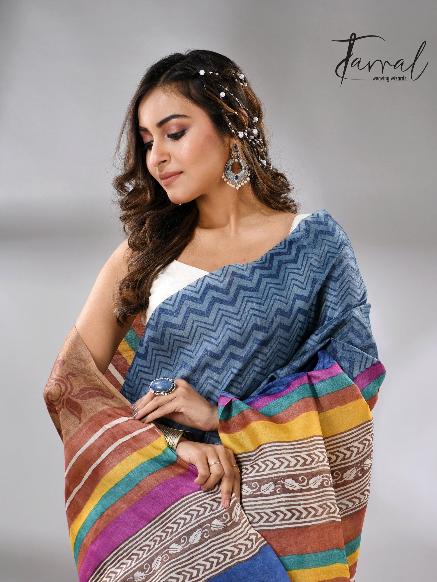 Blue Berries Tussar Silk Hand Block Printed Saree cls