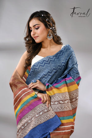 Blue Berries Tussar Silk Hand Block Printed Saree cls