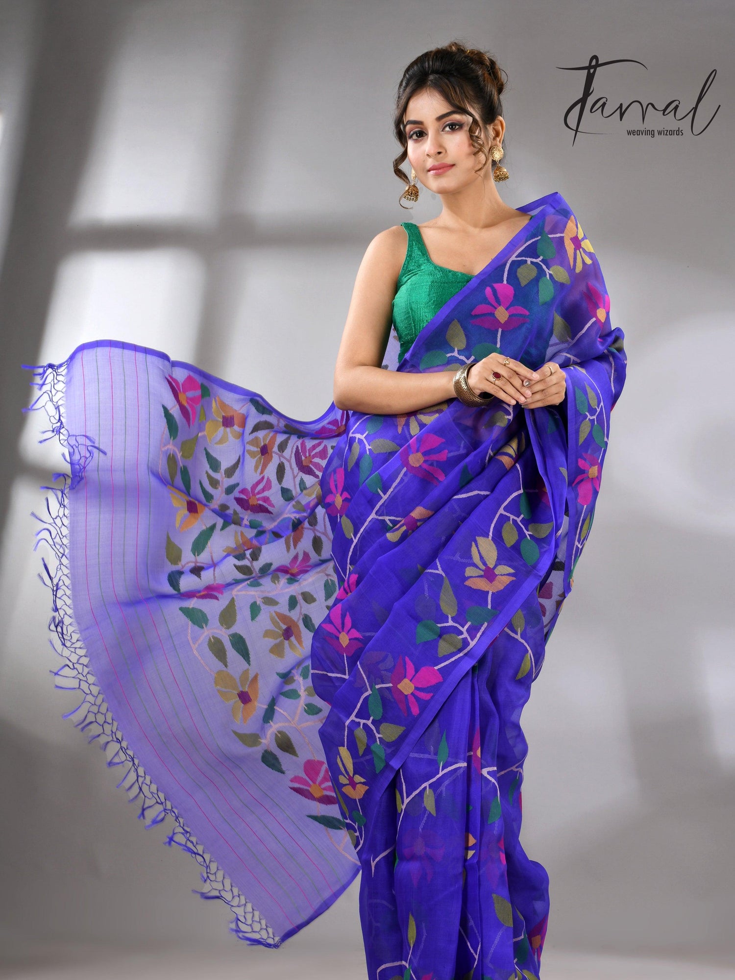 Blue Muslin Silk Handwoven Jamdani Saree in floral border