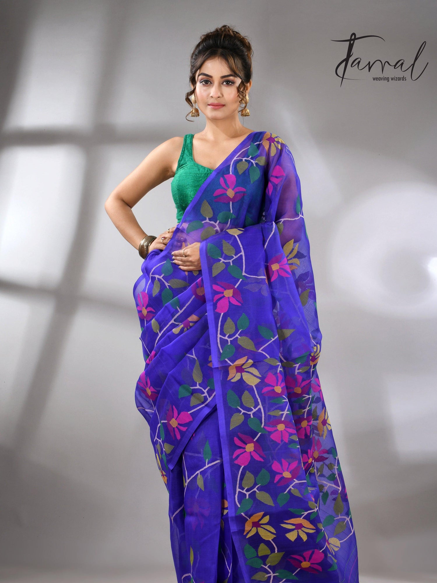 Blue Muslin Silk Handwoven Jamdani Saree in floral border full1