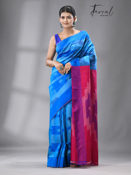 Blue and rani Bishnupuri katki design pure katan Silk saree 