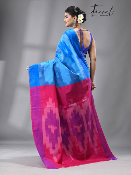 Blue and rani Bishnupuri katki design pure katan Silk saree 