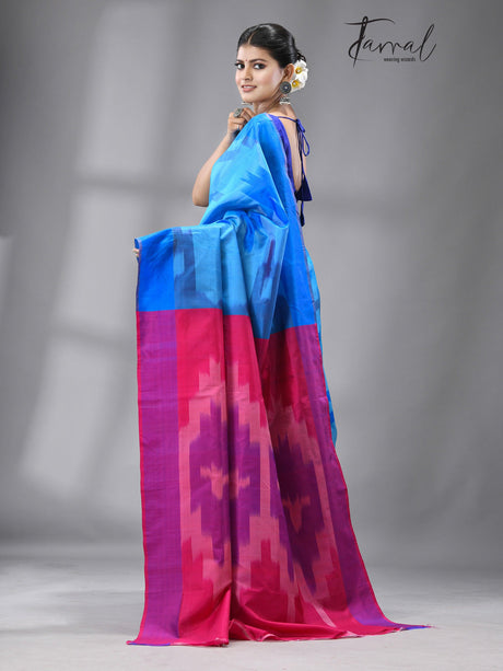 Blue and rani Bishnupuri katki design pure katan Silk saree 