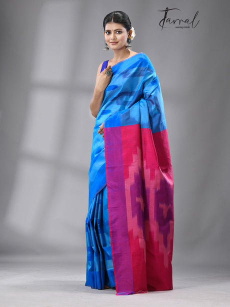 Blue and rani Bishnupuri katki design pure katan Silk saree 