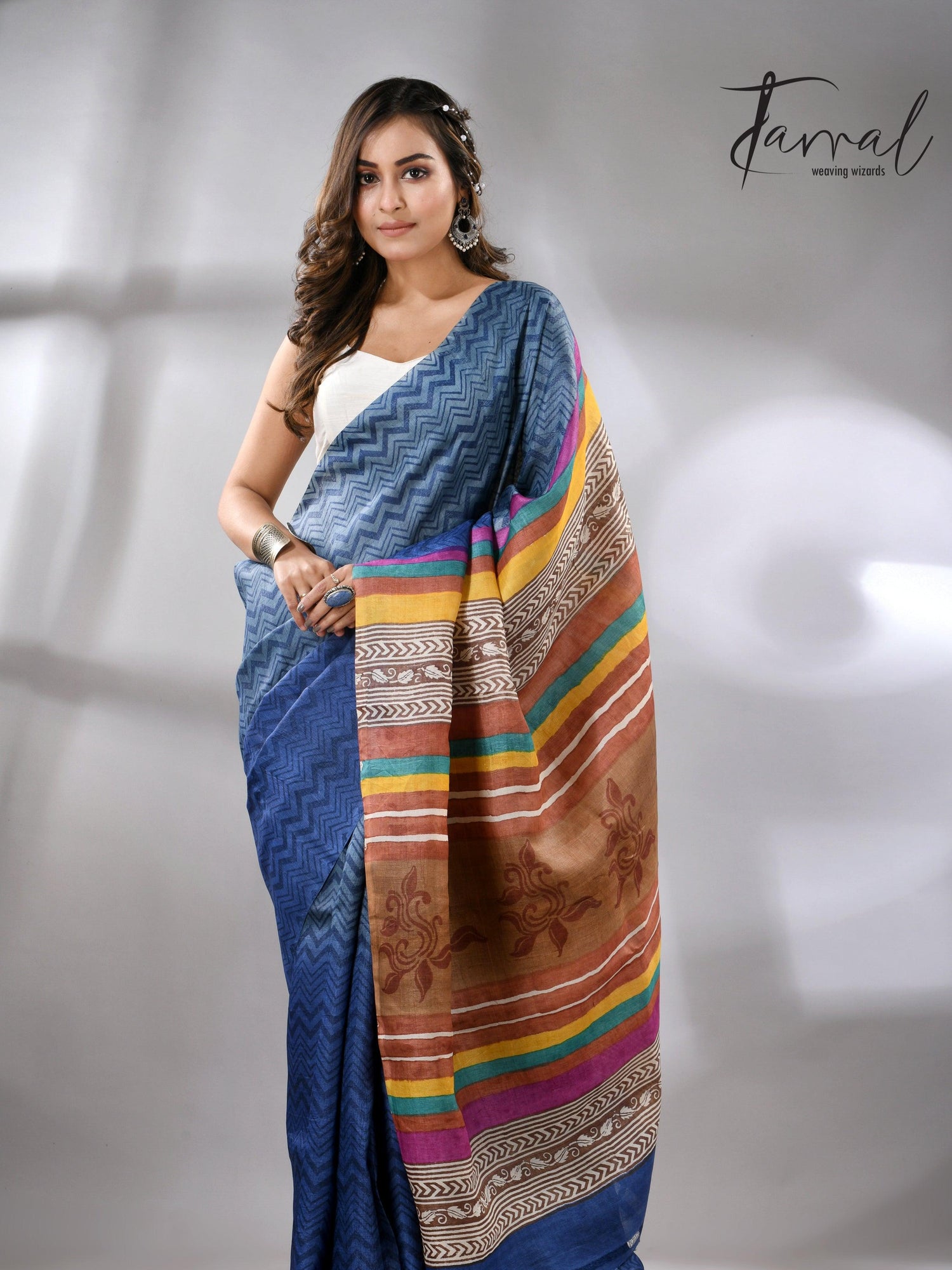 Blue Berries Tussar Silk Hand Block Printed Saree full1