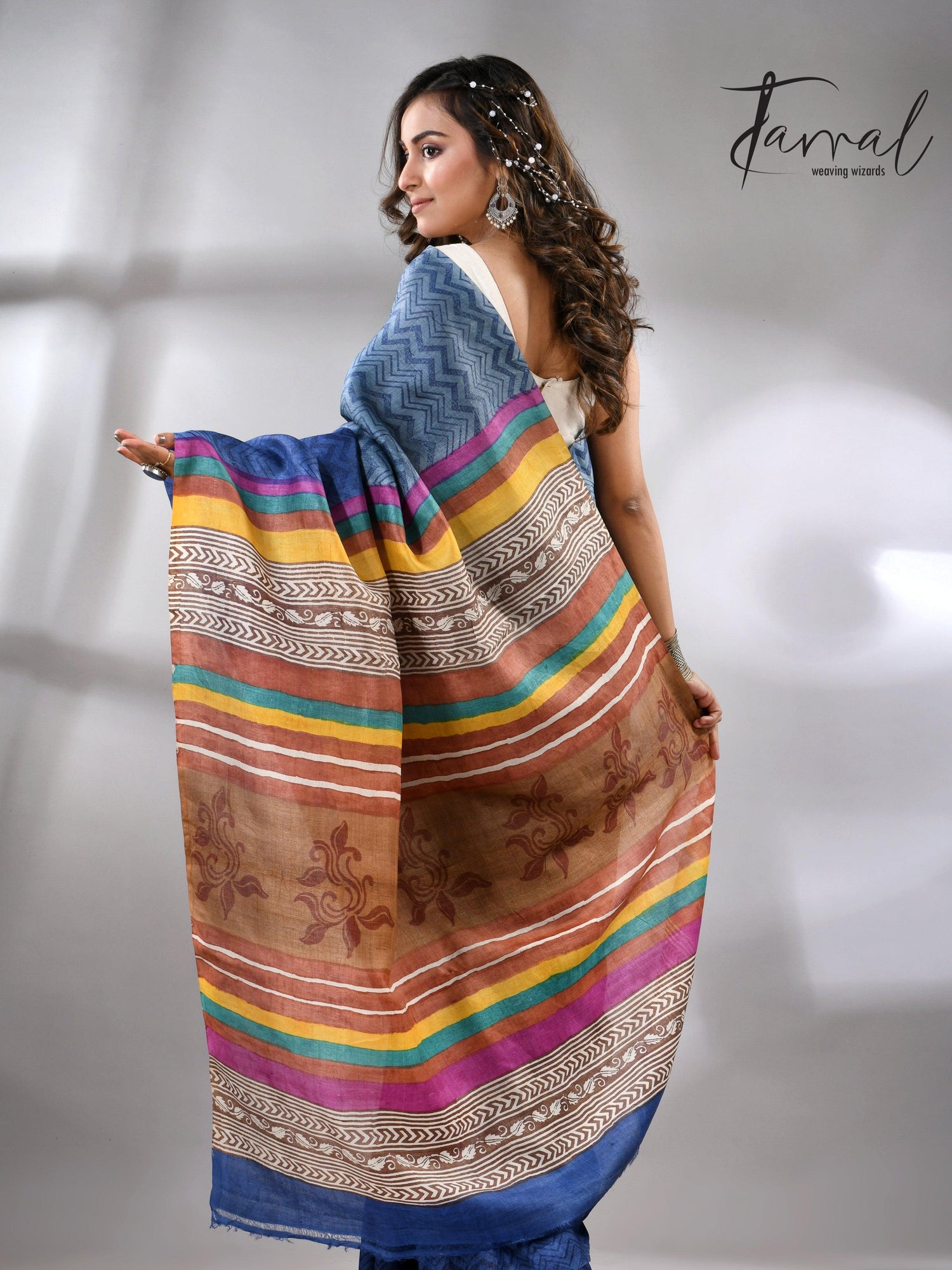 Blue Berries Tussar Silk Hand Block Printed Saree back