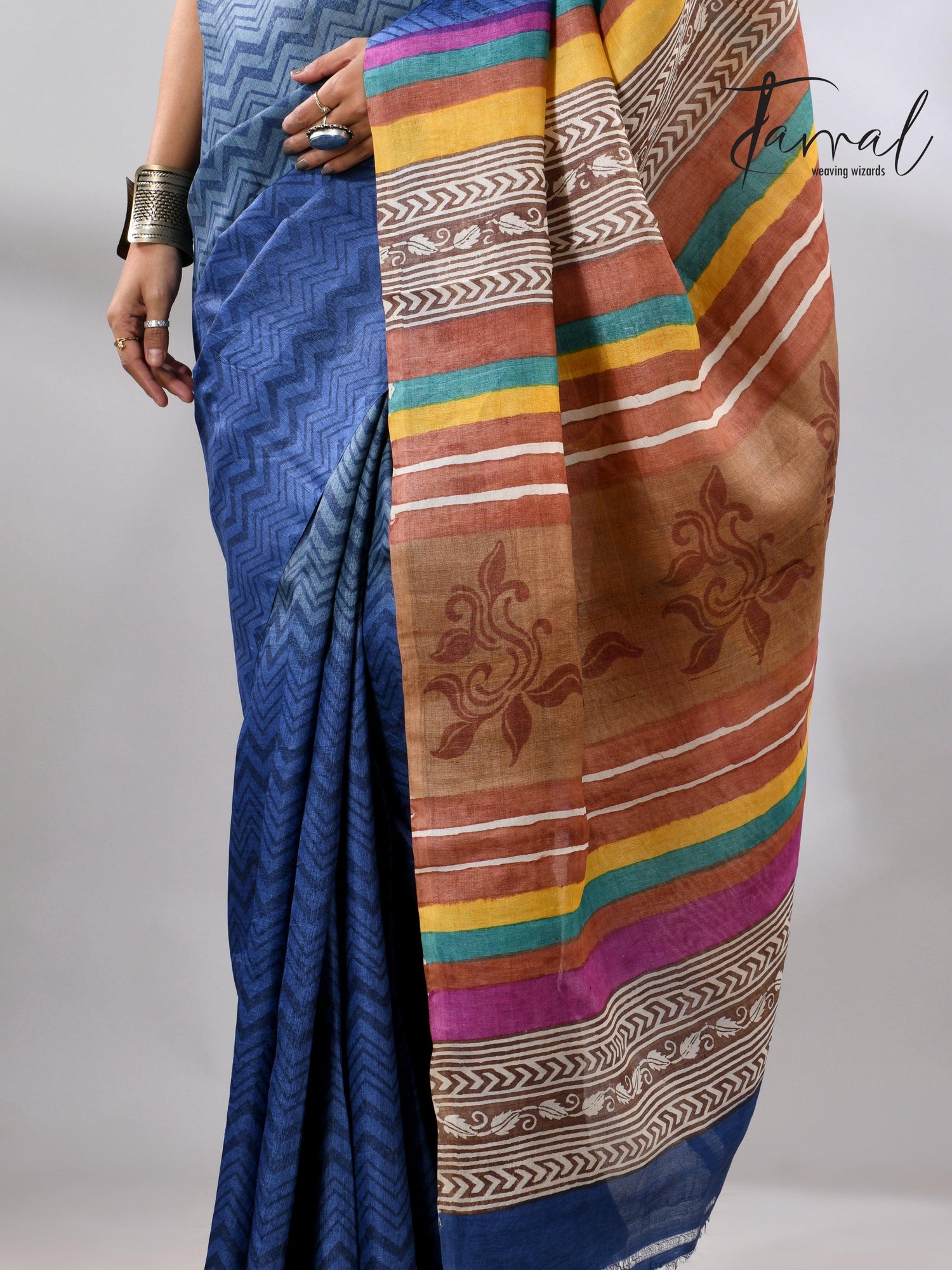 Blue Berries Tussar Silk Hand Block Printed Saree bottom