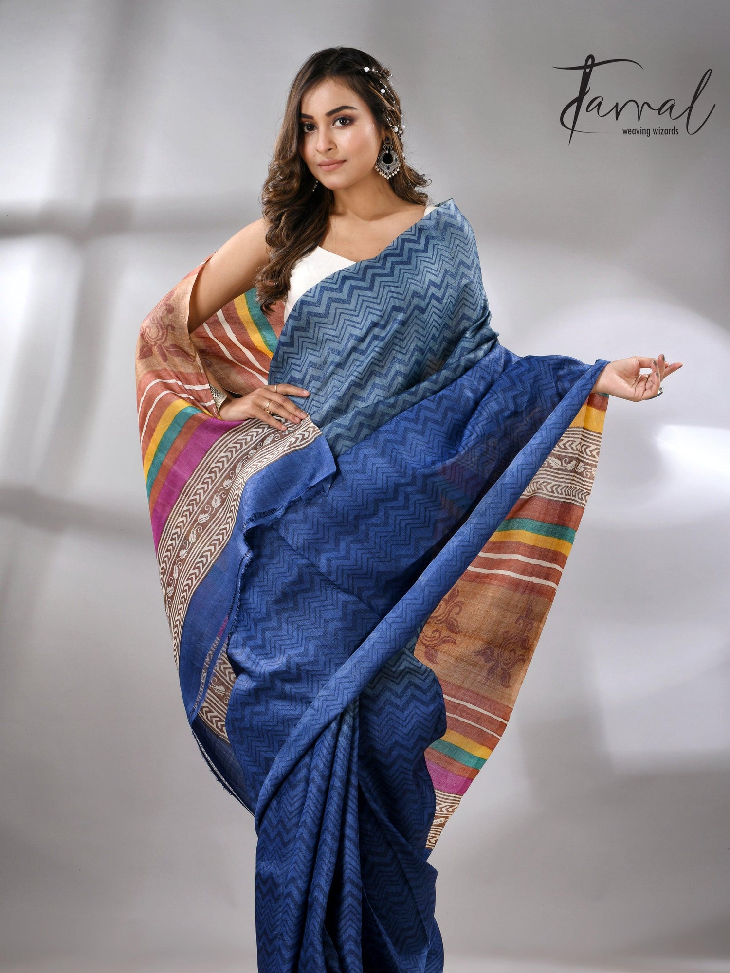 Blue Berries Tussar Silk Hand Block Printed Saree full3