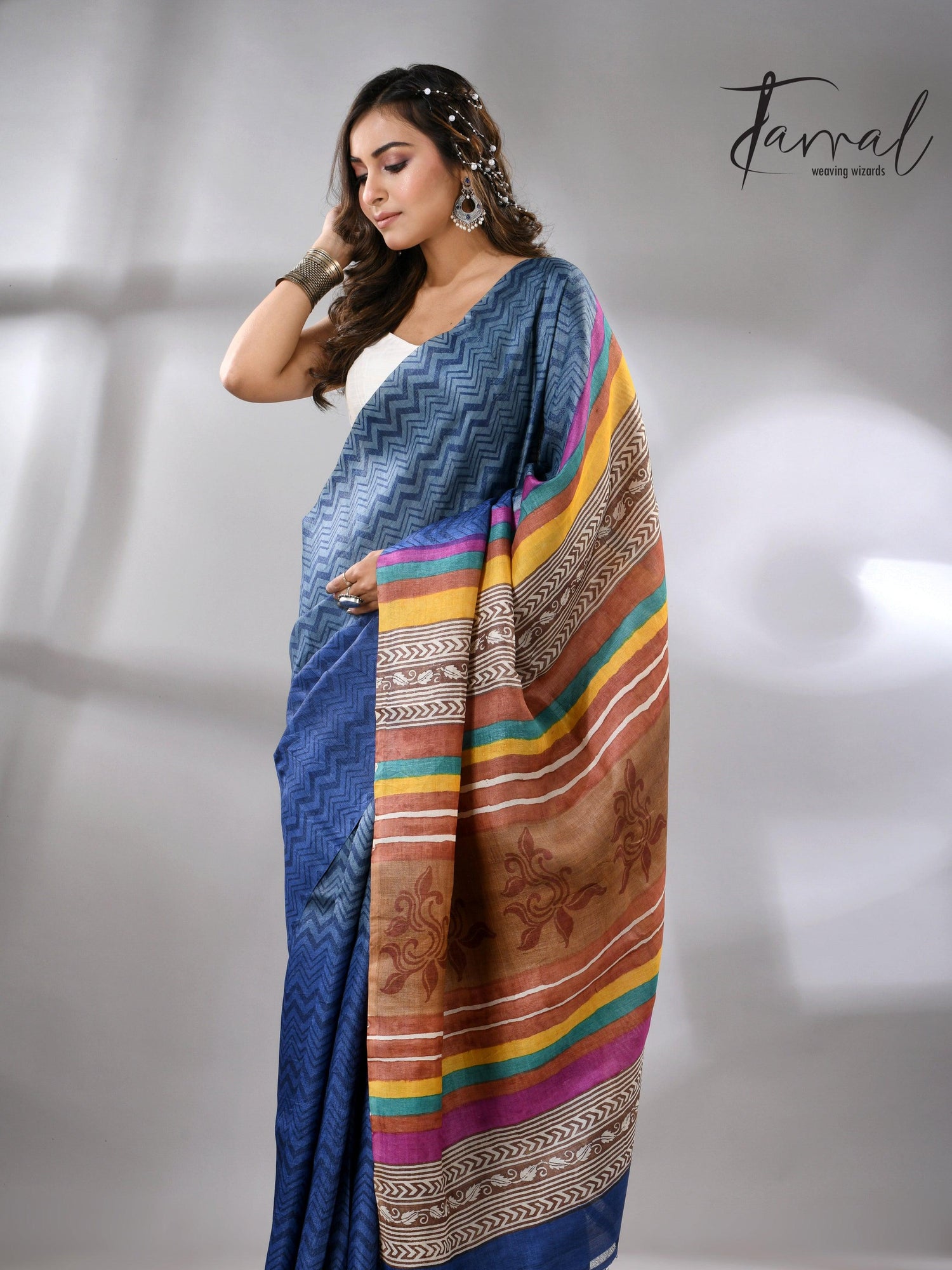 Blue Berries Tussar Silk Hand Block Printed Saree full2