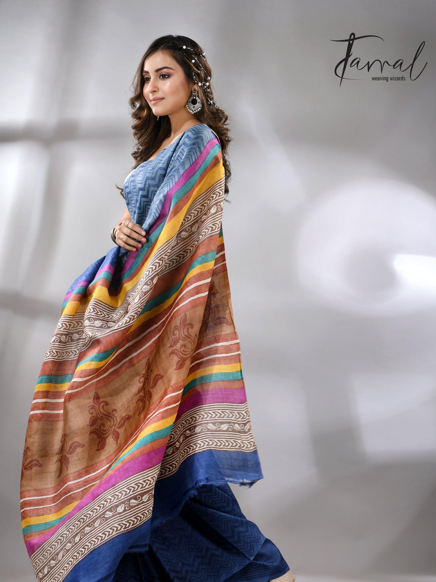 Blue Berries Tussar Silk Hand Block Printed Saree full5