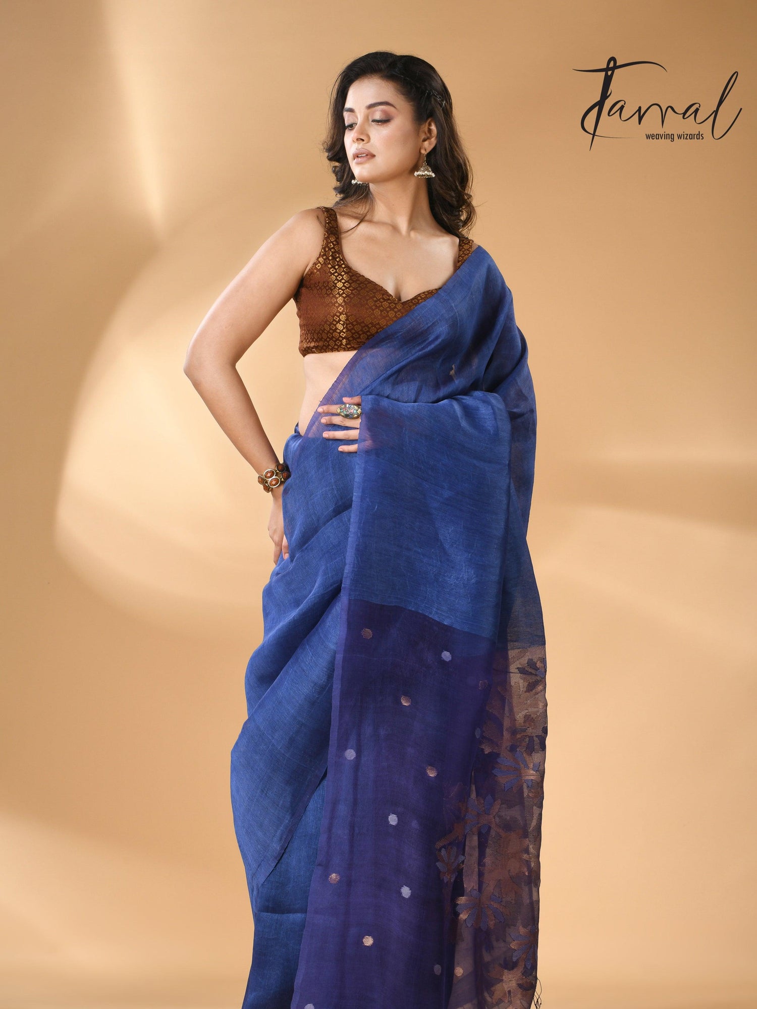 Blue self silk linen handwoven jamdani saree - Tamal Boutique