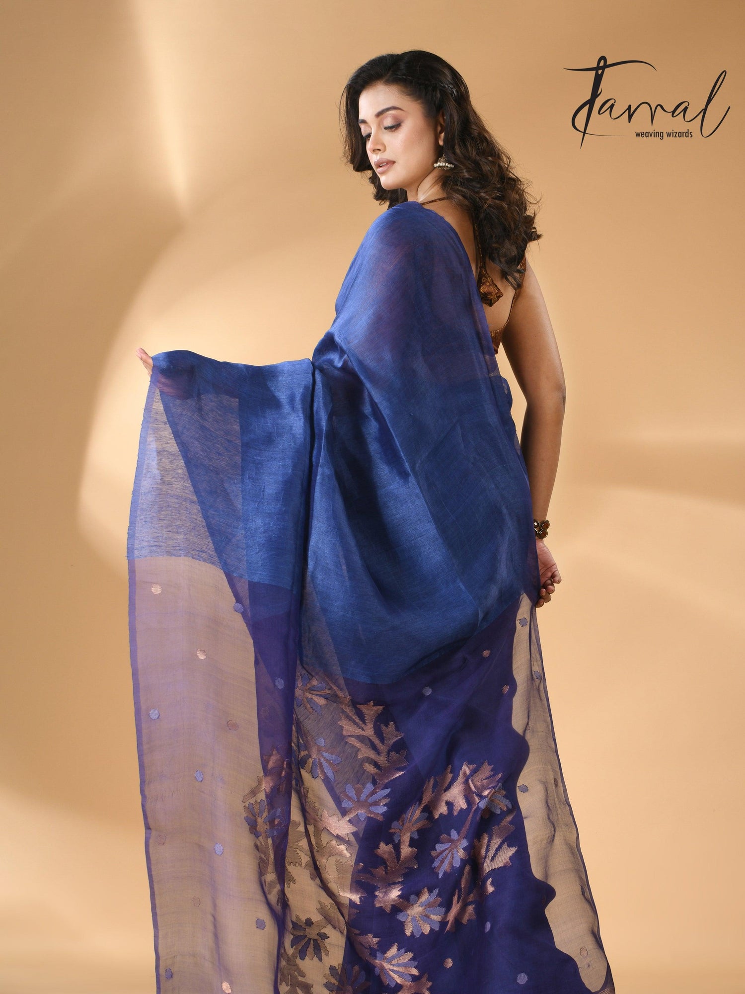 Blue self silk linen handwoven jamdani saree - Tamal Boutique