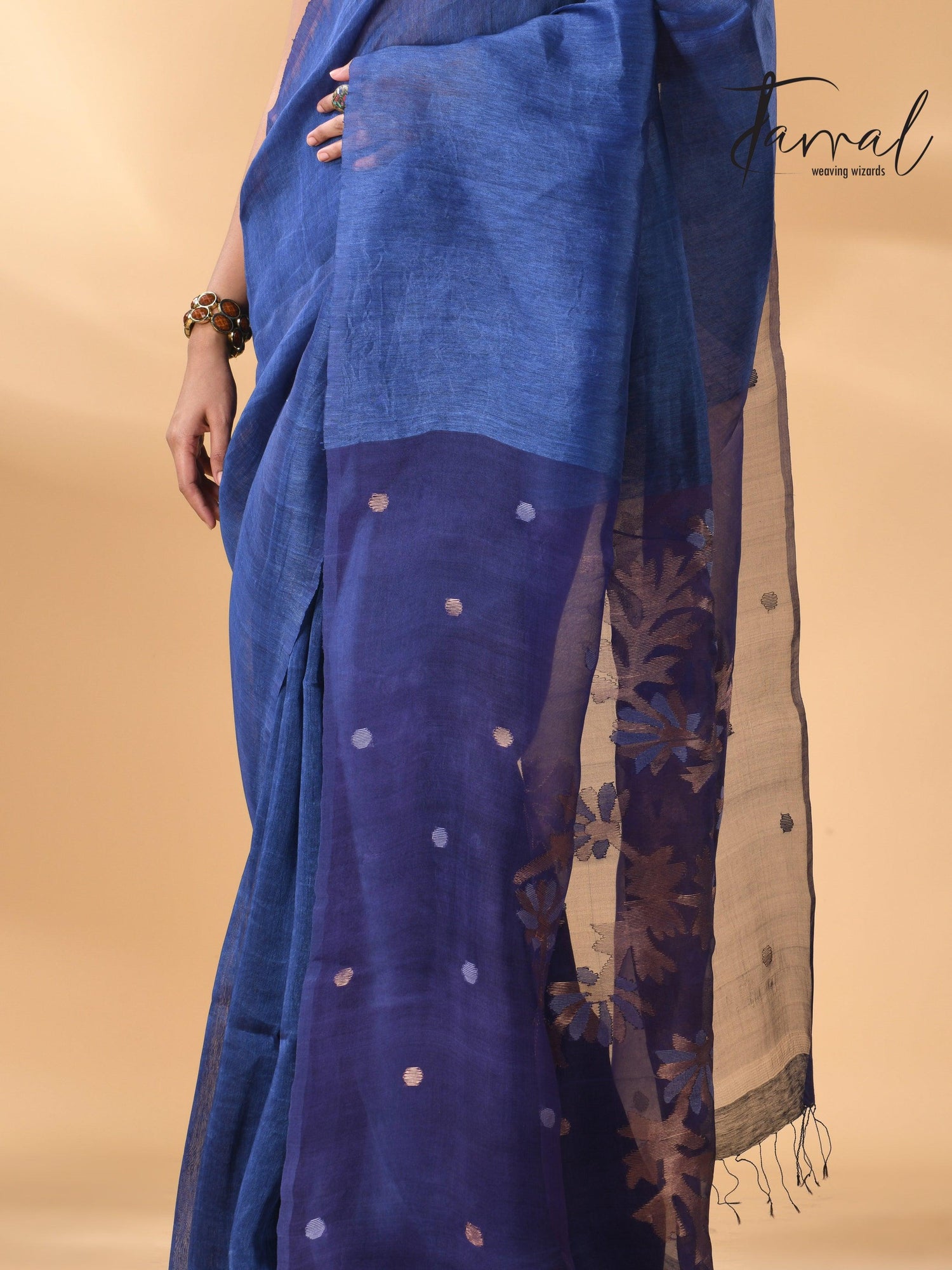 Blue self silk linen handwoven jamdani saree - Tamal Boutique