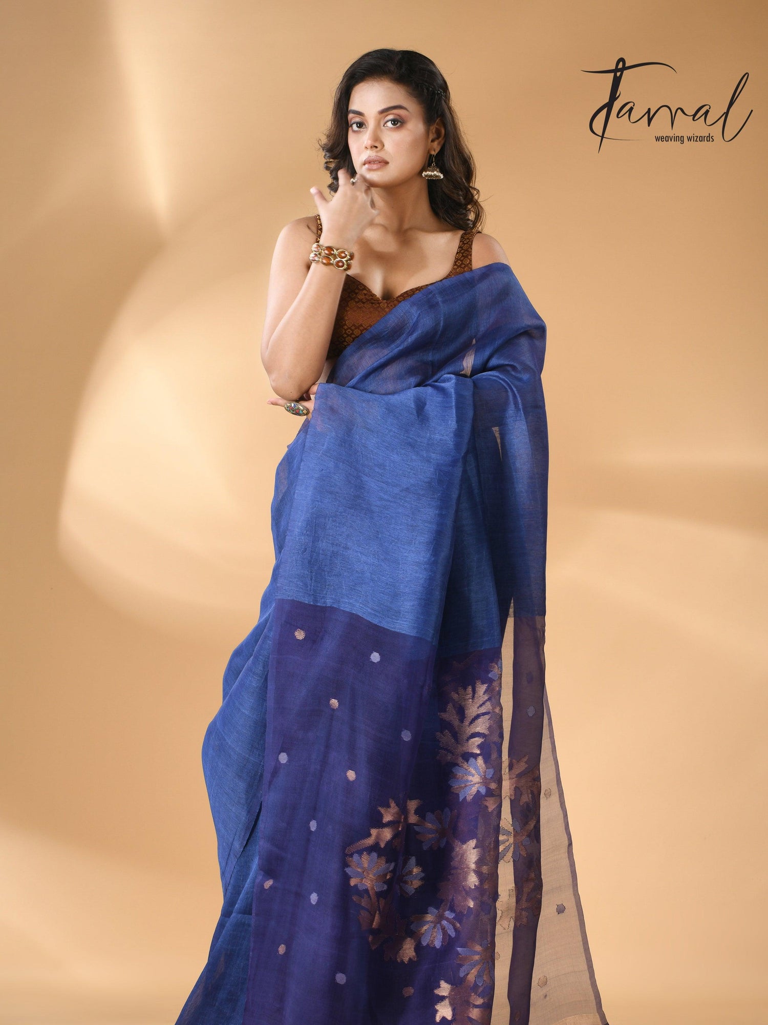 Blue self silk linen handwoven jamdani saree - Tamal Boutique